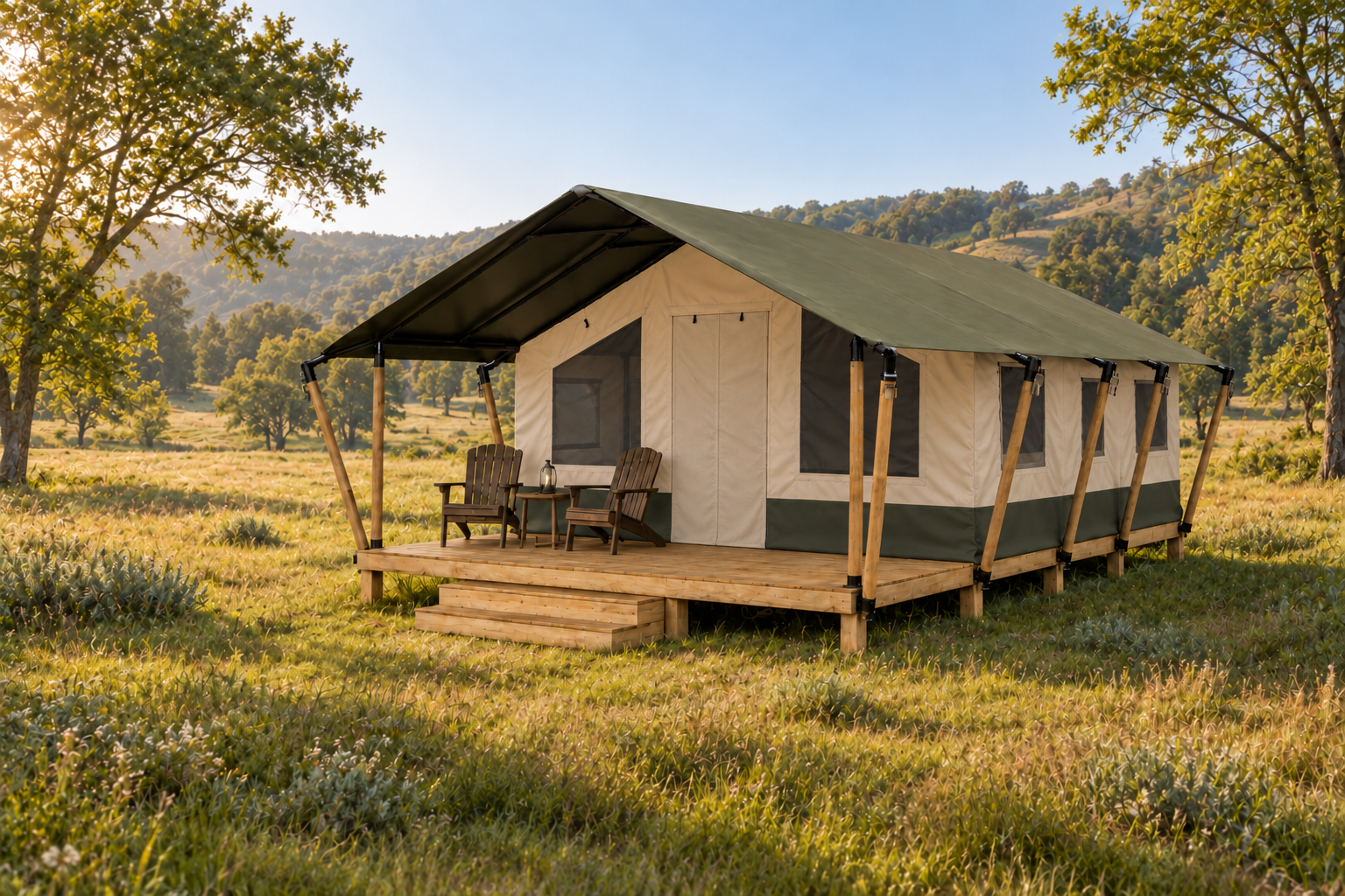 Acadia Series contemporary hospitality tent in a sunny meadow