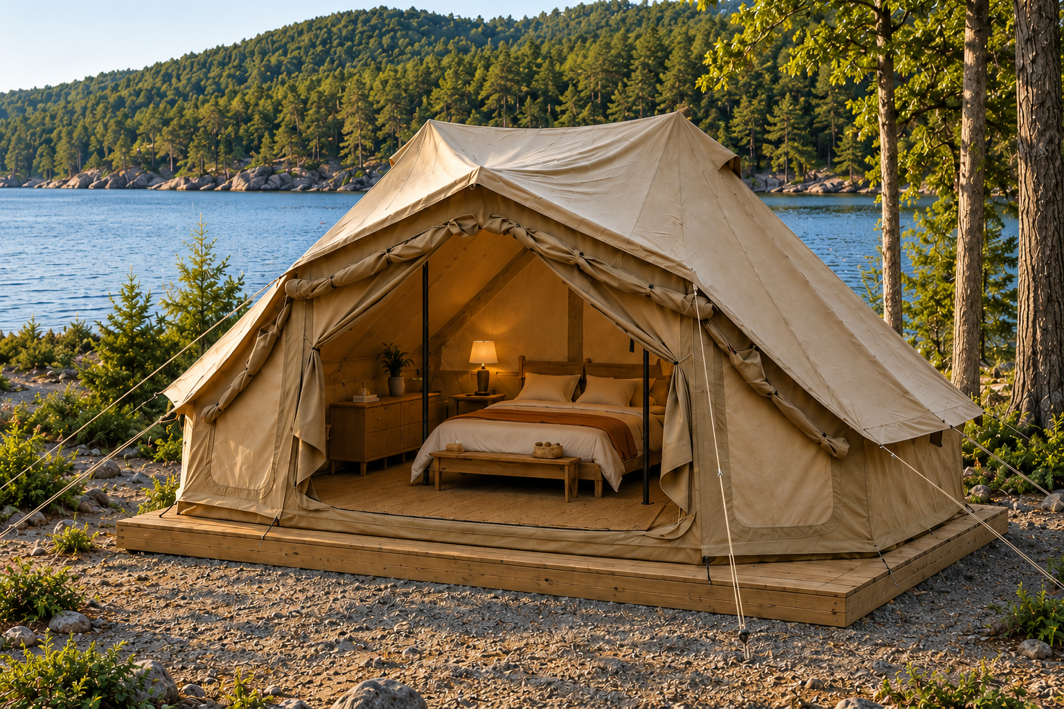 Sequoia Series bell tent beside a forest lake
