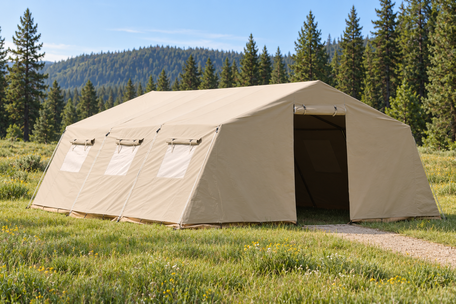 Yosemite Basecamp group accommodation tent in a mountain meadow
